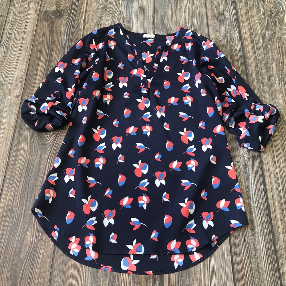 Pixley Navy Tri-Color Floral Pattern V-Neck Tunic